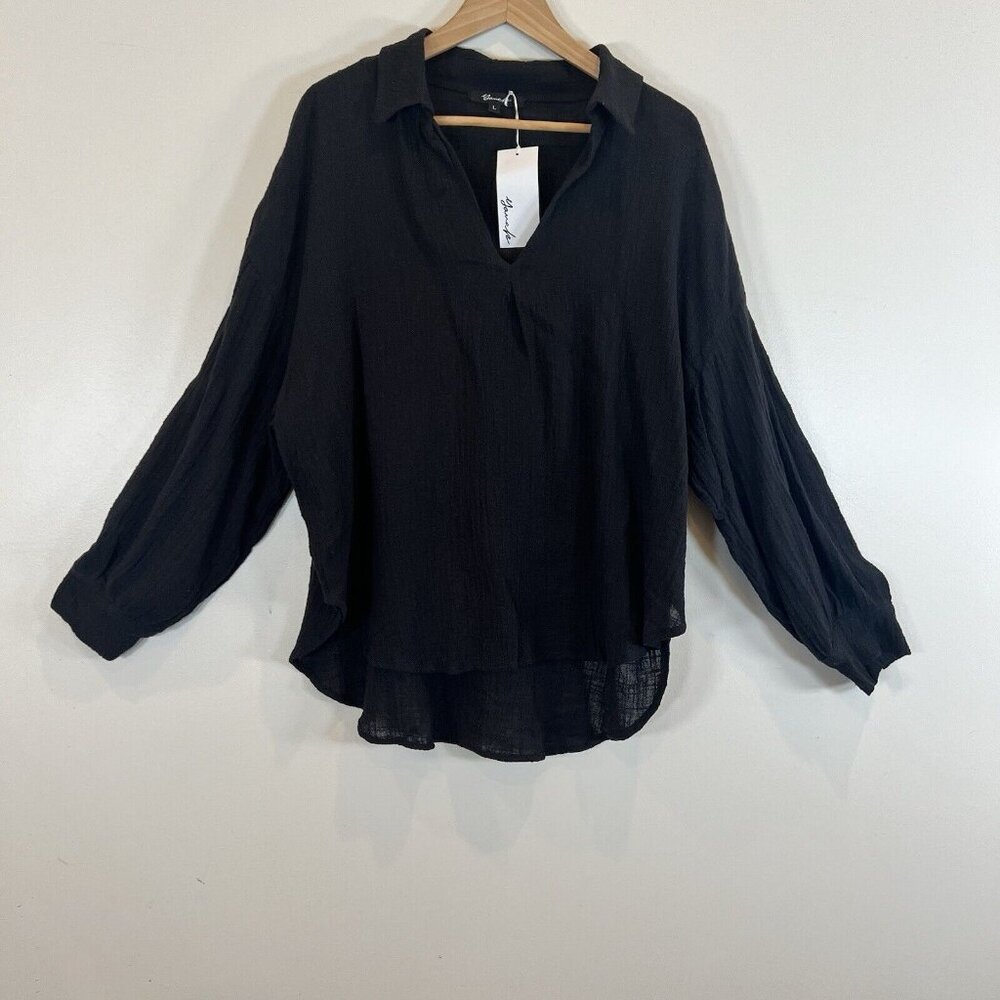 Yana K NWT Sardinia V-Neck Black Cotton Gauze Oversized Top L